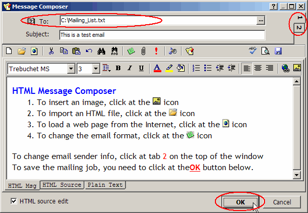 You can edit your HTML message using the Message Composer, or import an HTML file from your computer or the Web